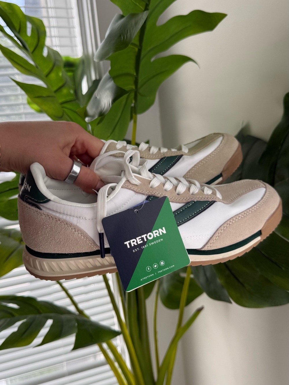 Tretorn White, Beige & Dark Green Suede-Trim Sneakers